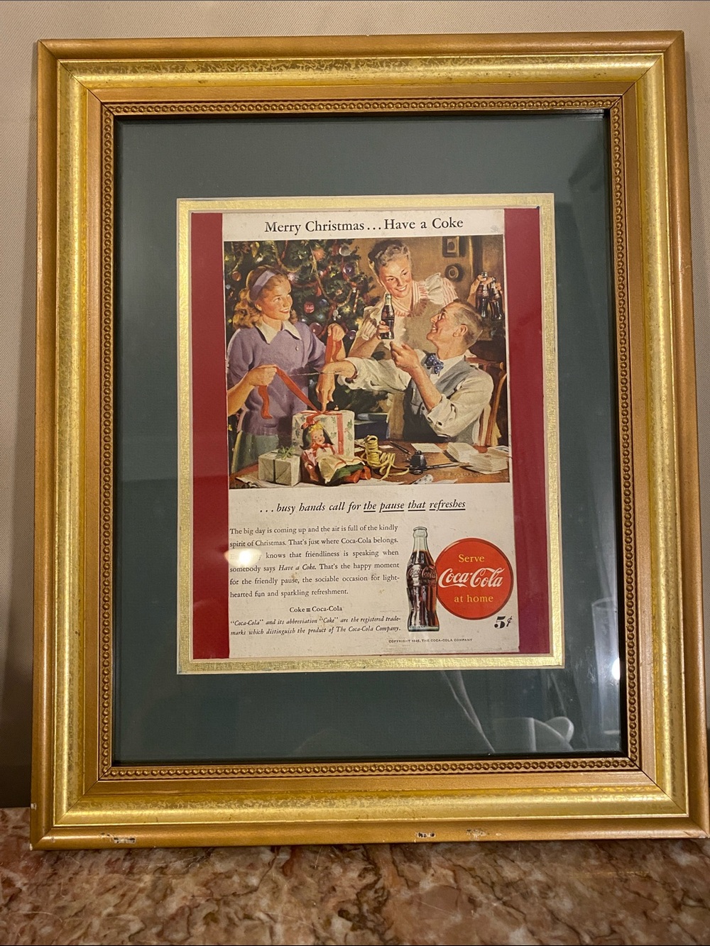 Vintage Coca-Cola Framed Holiday Ad 1946 with Gold Frame and Green Mat